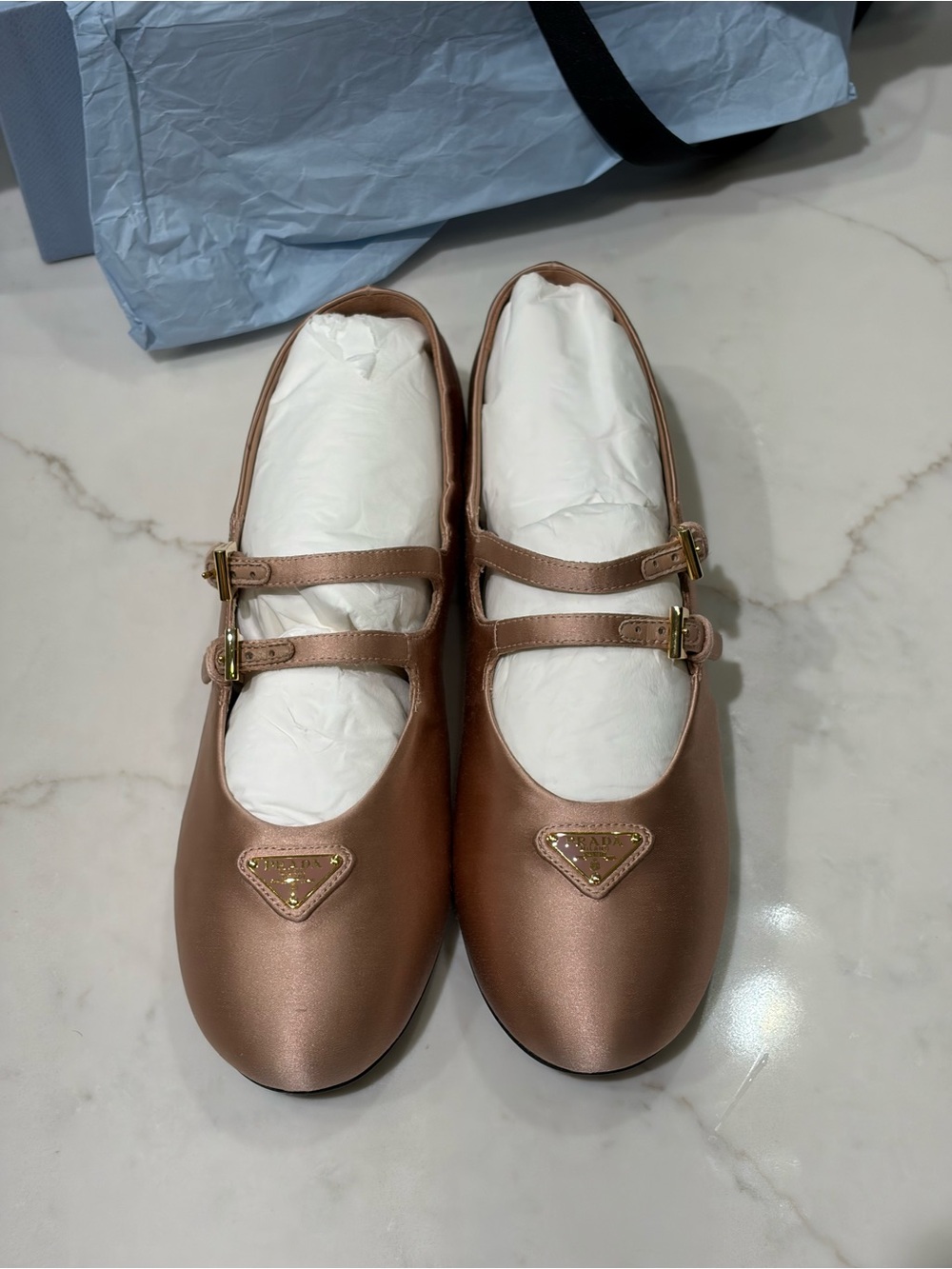 Prada Double-Strap Mary Jane Flats in Rose Gold Metallic - Picture 1 of 10